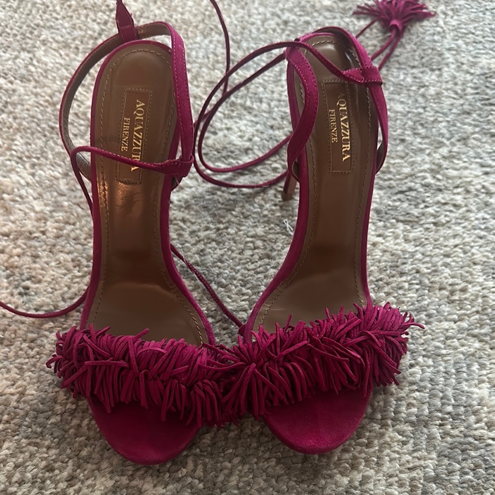 Aquazzura Fuchsia Fringe Lace-Up Sandals